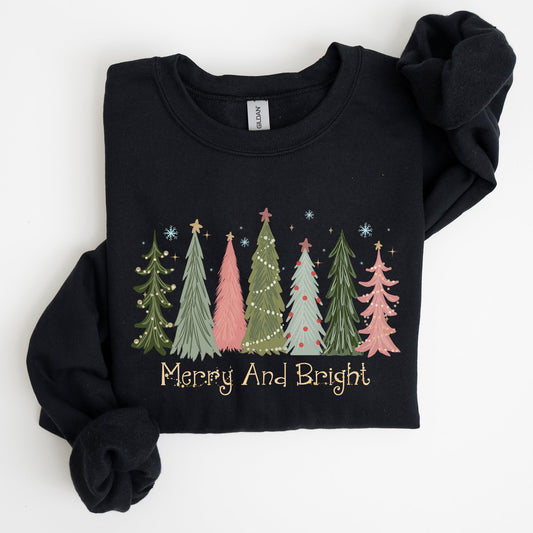 Merry and Bright, Christmas Trees, Winter, Snow, Xmas Sweatshirt