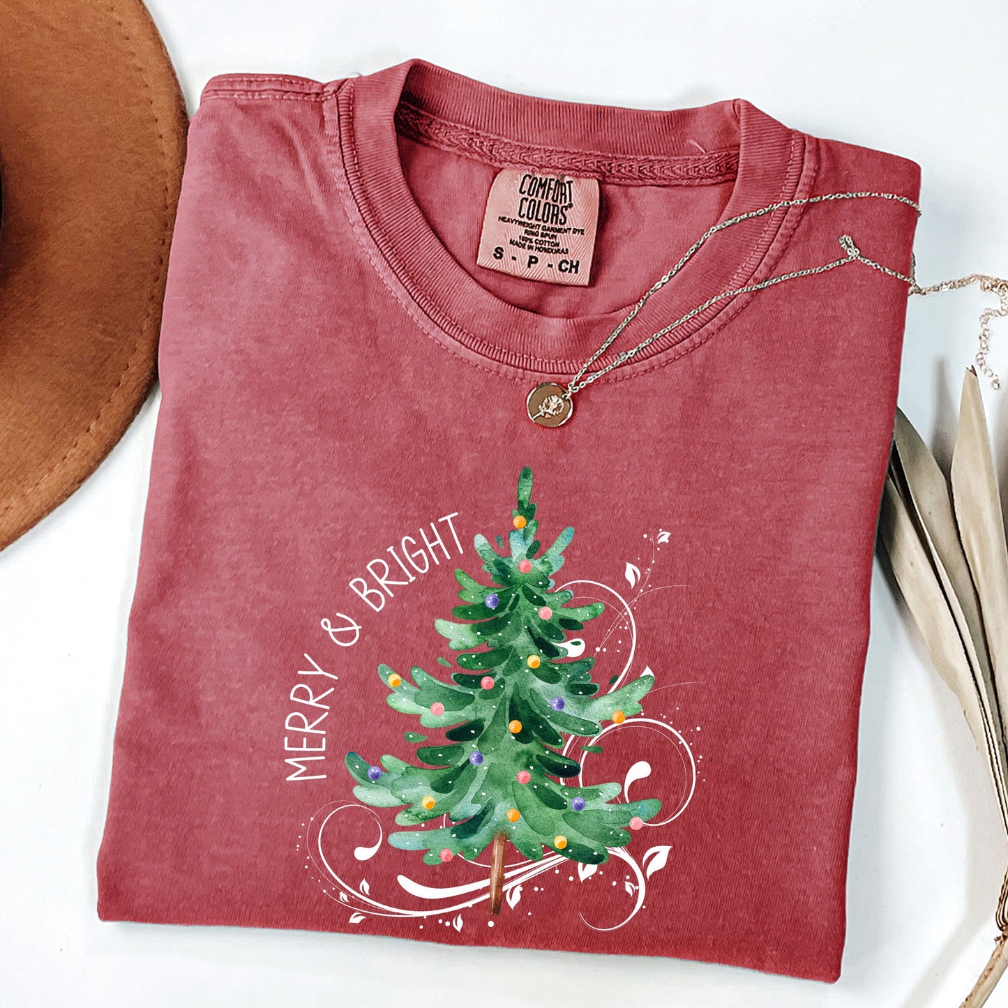 Merry and Bright, Christmas Tree with ornaments, Swirls, Santa, Winter, Xmas Tshirt Comfort Colors T-Shirt
