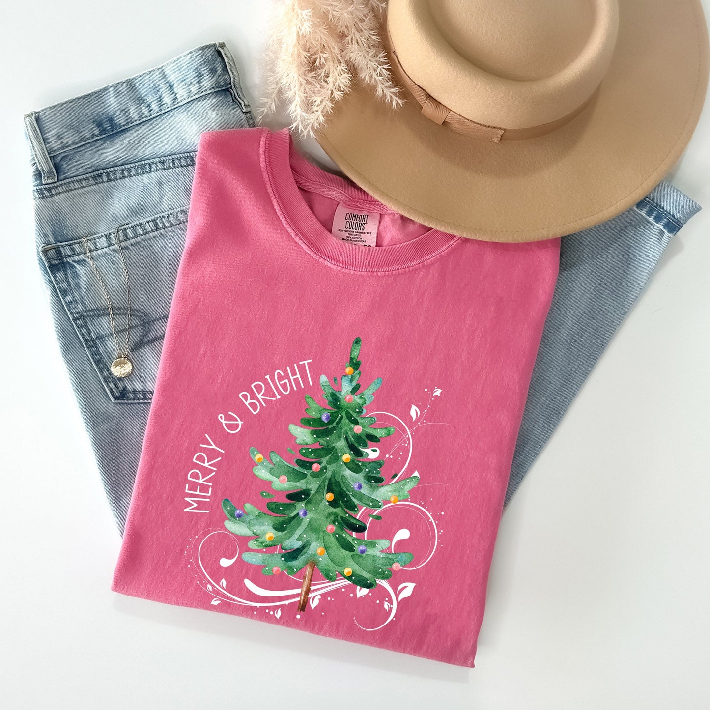 Merry and Bright, Christmas Tree with ornaments, Swirls, Santa, Winter, Xmas Tshirt Comfort Colors T-Shirt