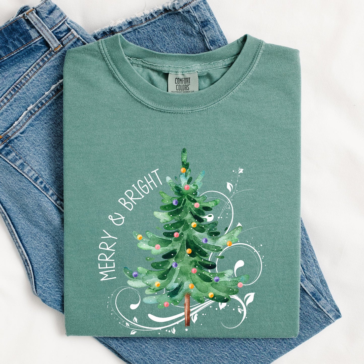 Merry and Bright, Christmas Tree with ornaments, Swirls, Santa, Winter, Xmas Tshirt Comfort Colors T-Shirt