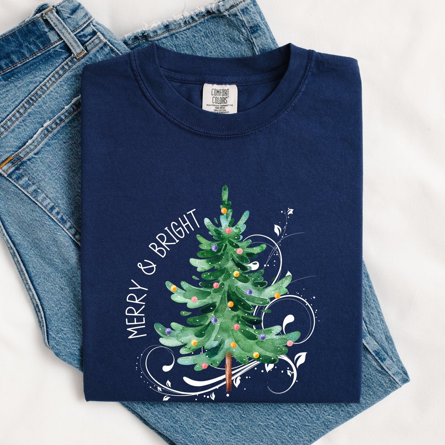 Merry and Bright, Christmas Tree with ornaments, Swirls, Santa, Winter, Xmas Tshirt Comfort Colors T-Shirt