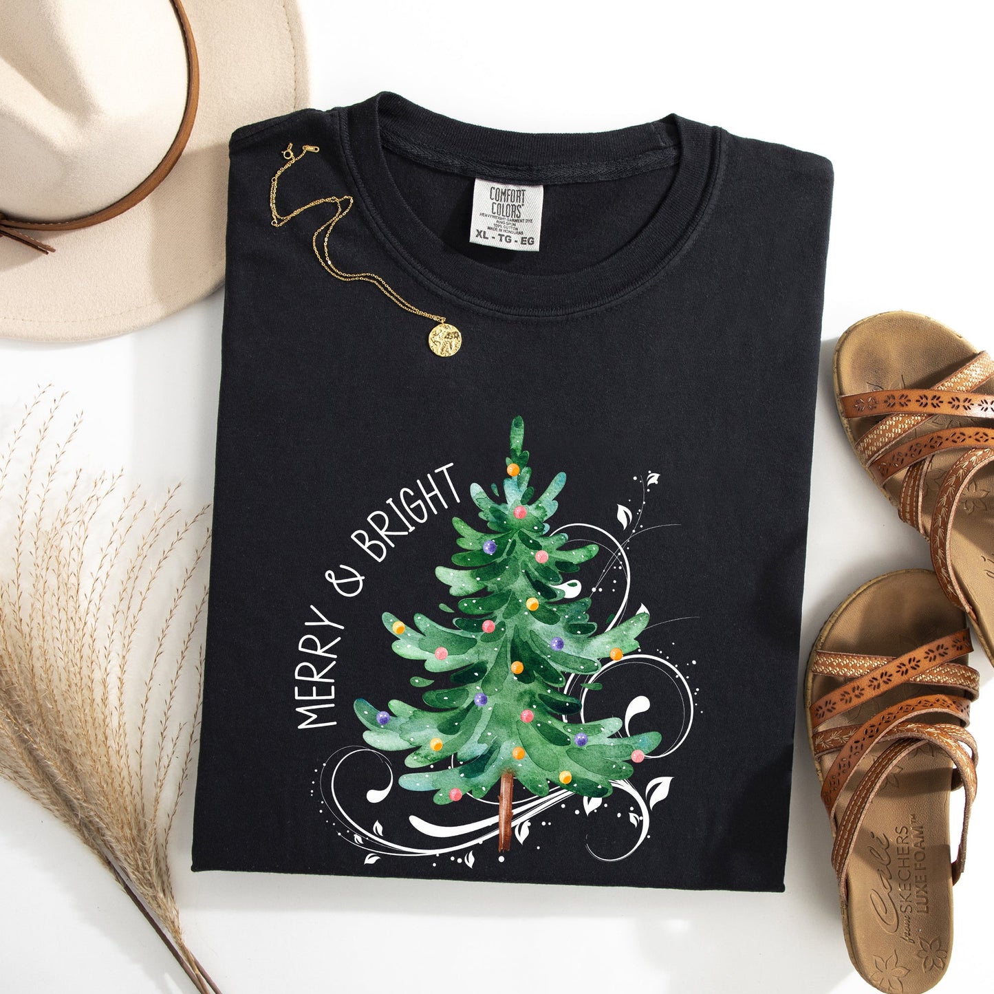 Merry and Bright, Christmas Tree with ornaments, Swirls, Santa, Winter, Xmas Tshirt Comfort Colors T-Shirt