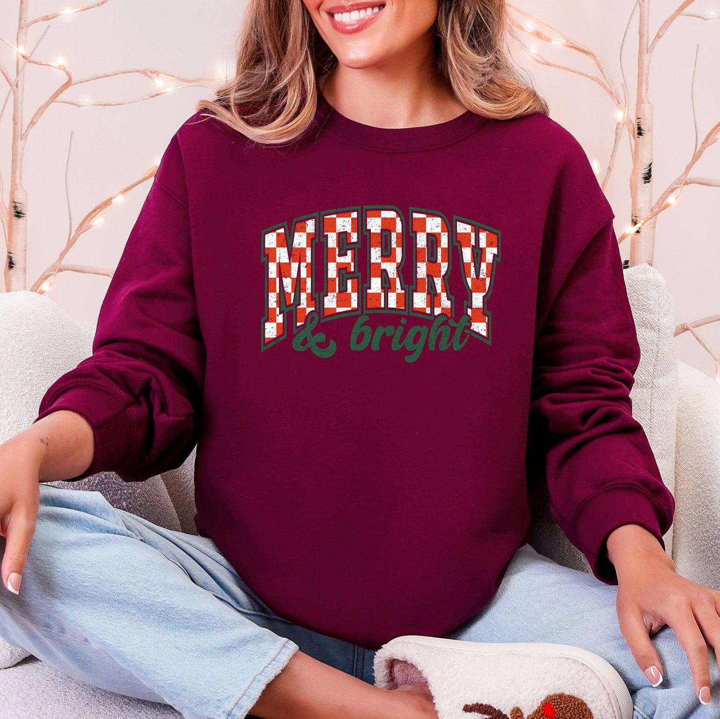 Merry and Bright, Christmas, Checkered, Retro Sweatshirt