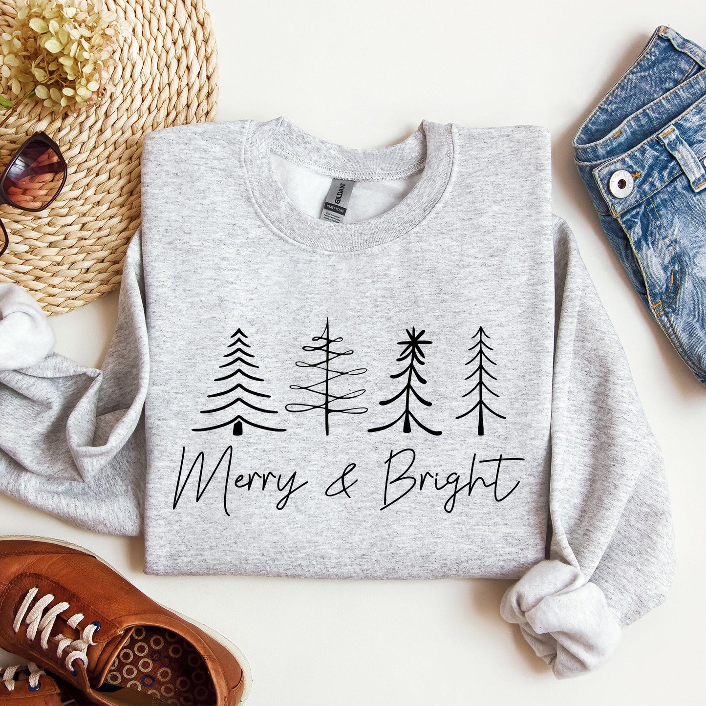 Merry and Bright, Christmas, Minimalist, Winter, Snow, Santa, Xmas Sweatshirt