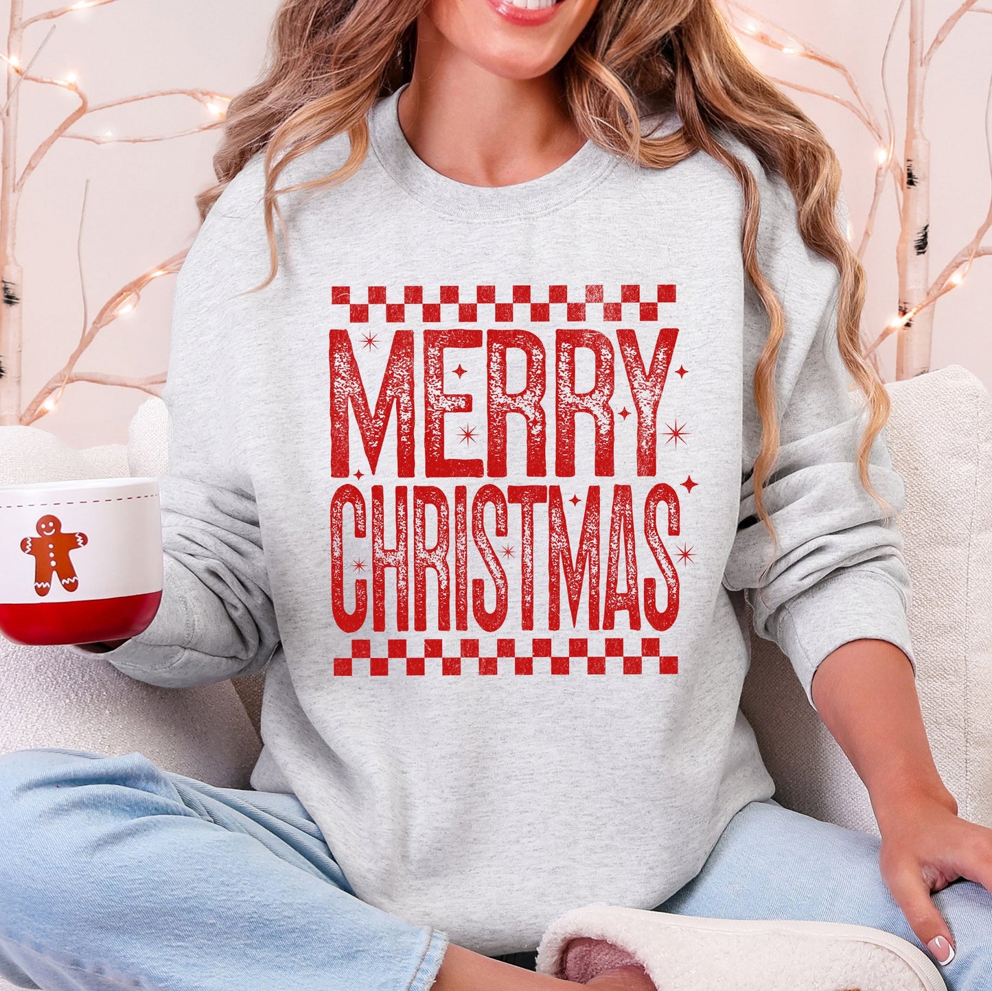 Merry Christmas, Checkered, Retro, Vintage Sweatshirt