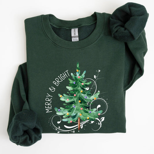 Merry and Bright, Colorful Christmas Tree, Swirls, Santa, Winter, Xmas Sweatshirt