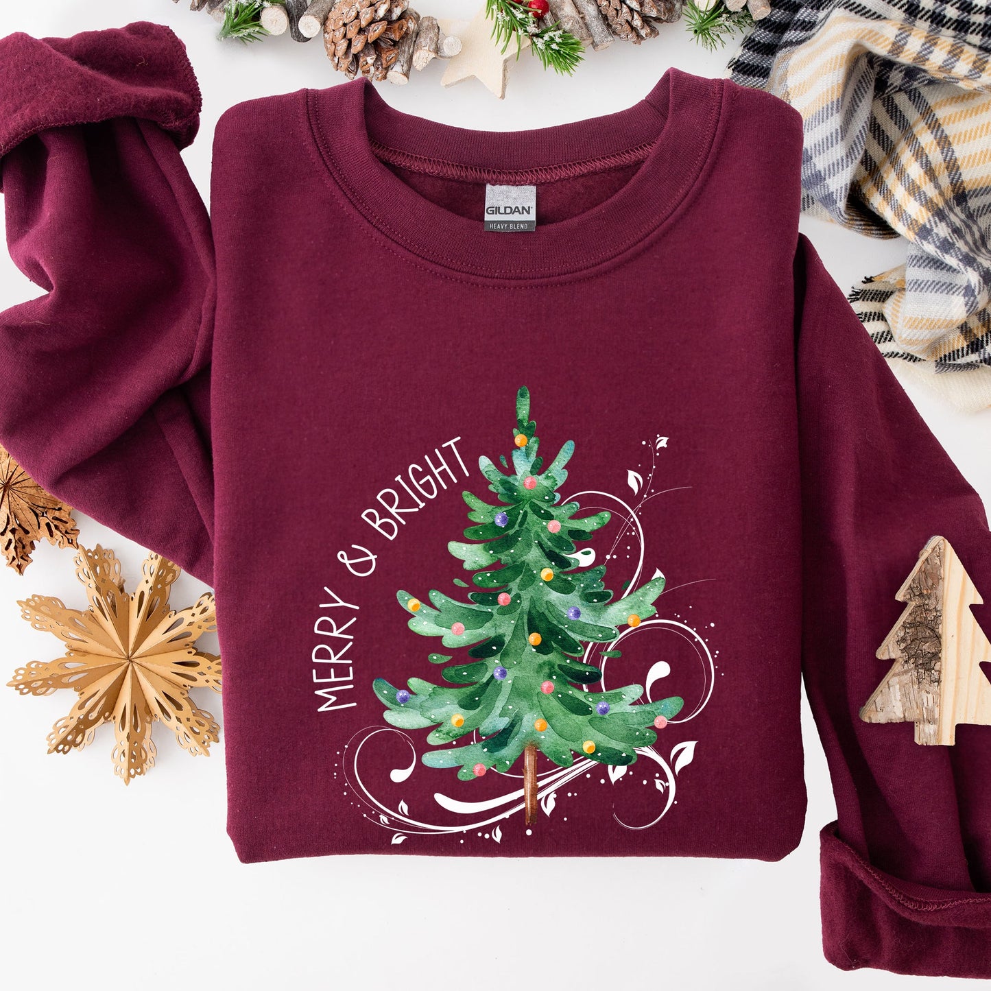 Merry and Bright, Colorful Christmas Tree, Swirls, Santa, Winter, Xmas Sweatshirt