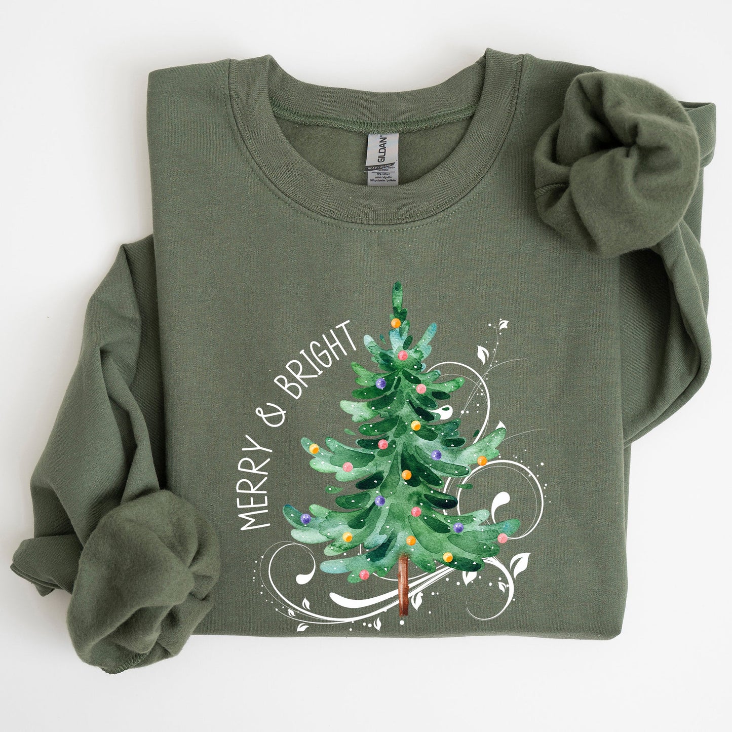 Merry and Bright, Colorful Christmas Tree, Swirls, Santa, Winter, Xmas Sweatshirt
