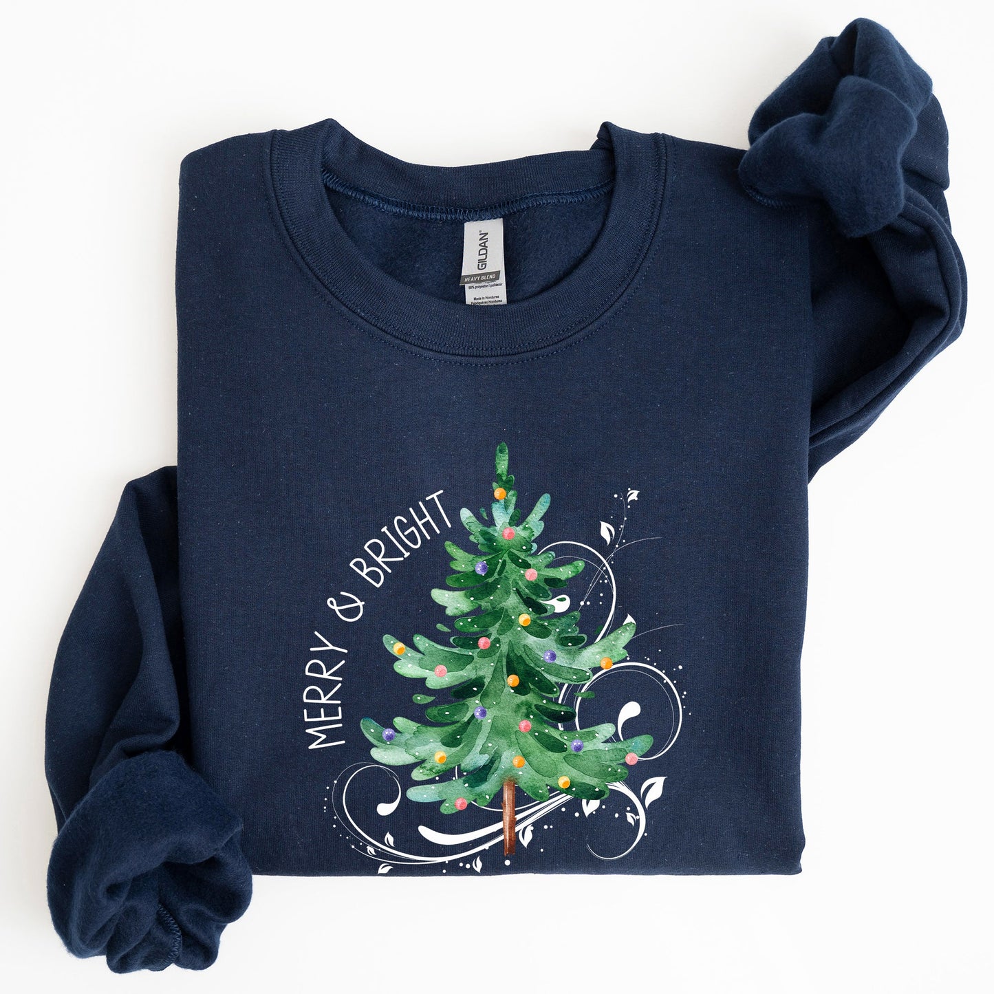 Merry and Bright, Colorful Christmas Tree, Swirls, Santa, Winter, Xmas Sweatshirt