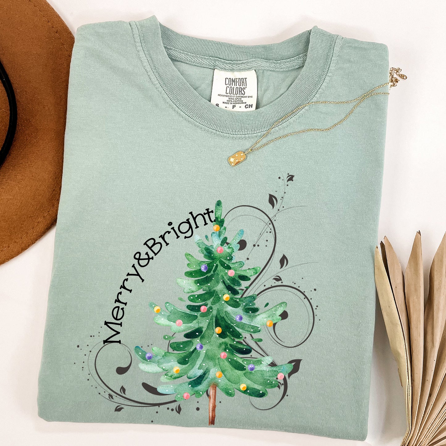 Merry and Bright, Colorful Christmas Tree, Swirls, Santa, Winter, Xmas Tshirt Comfort Colors T-Shirt
