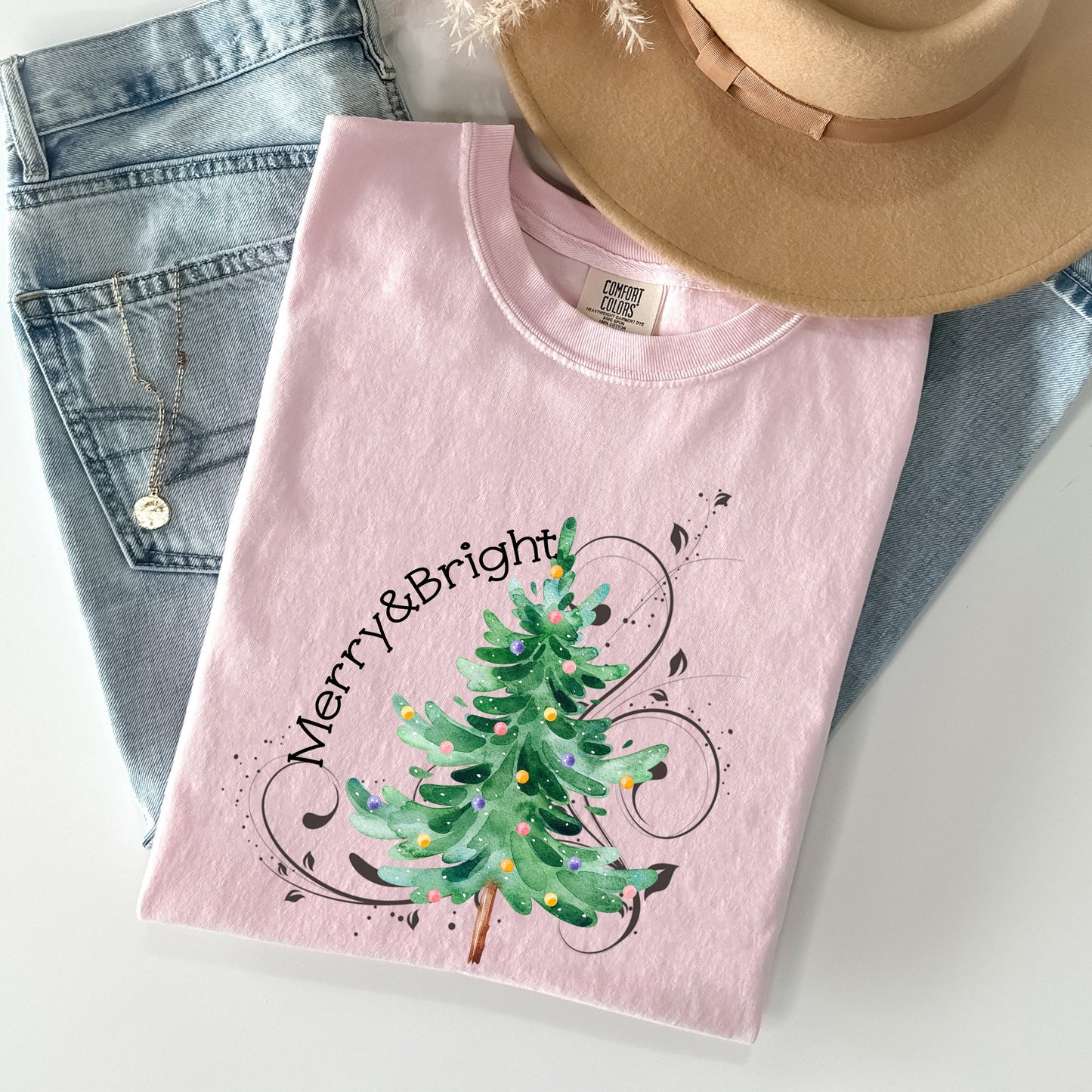 Merry and Bright, Colorful Christmas Tree, Swirls, Santa, Winter, Xmas Tshirt Comfort Colors T-Shirt
