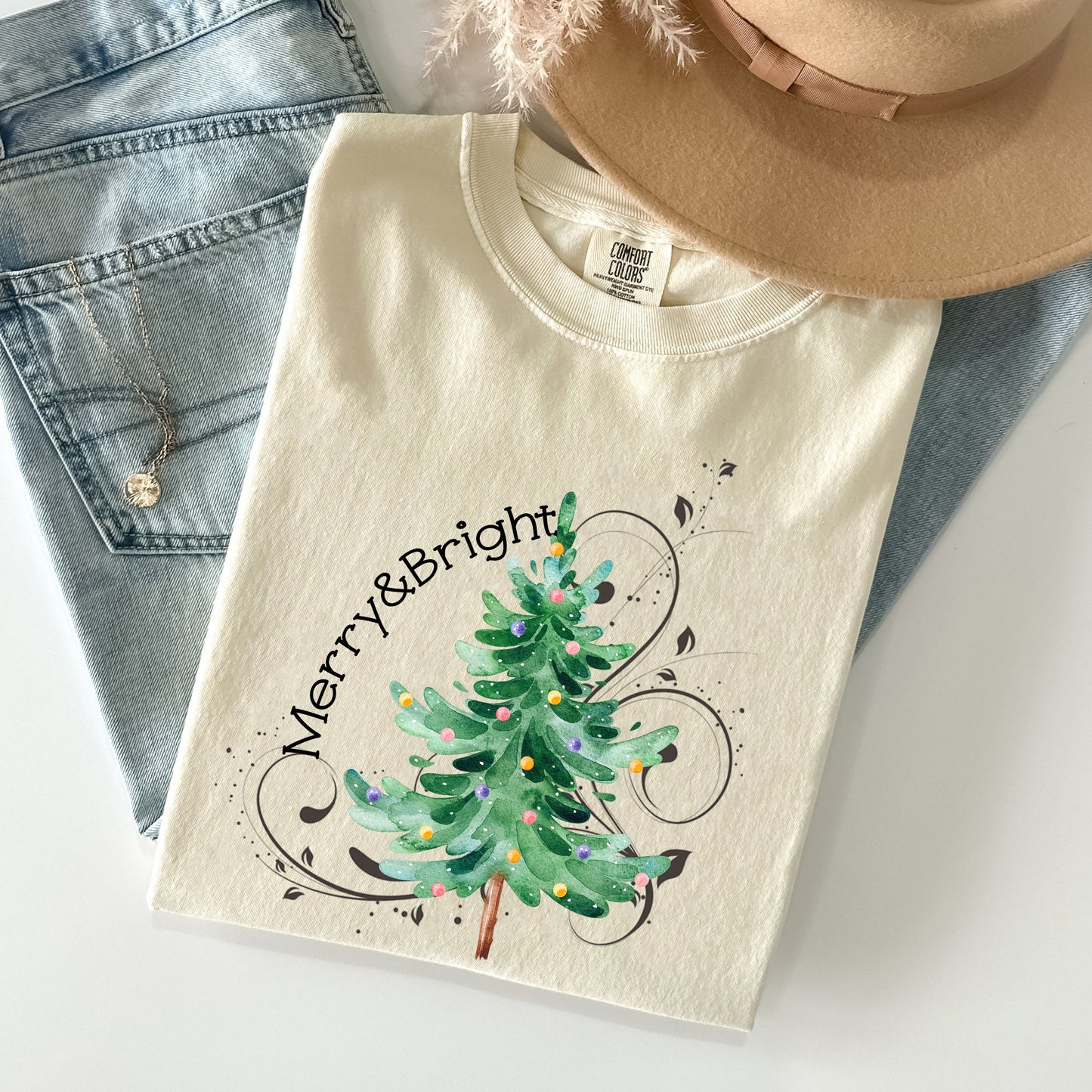Merry and Bright, Colorful Christmas Tree, Swirls, Santa, Winter, Xmas Tshirt Comfort Colors T-Shirt