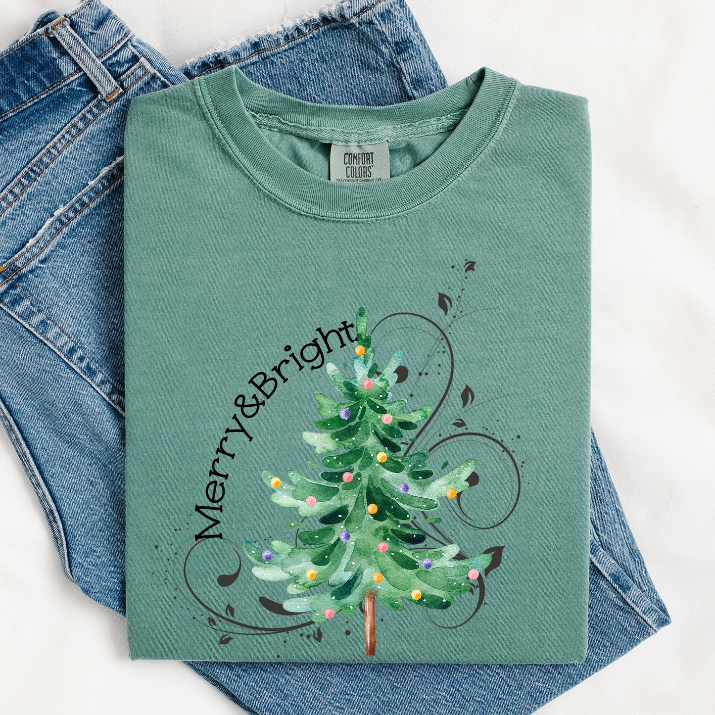 Merry and Bright, Colorful Christmas Tree, Swirls, Santa, Winter, Xmas Tshirt Comfort Colors T-Shirt