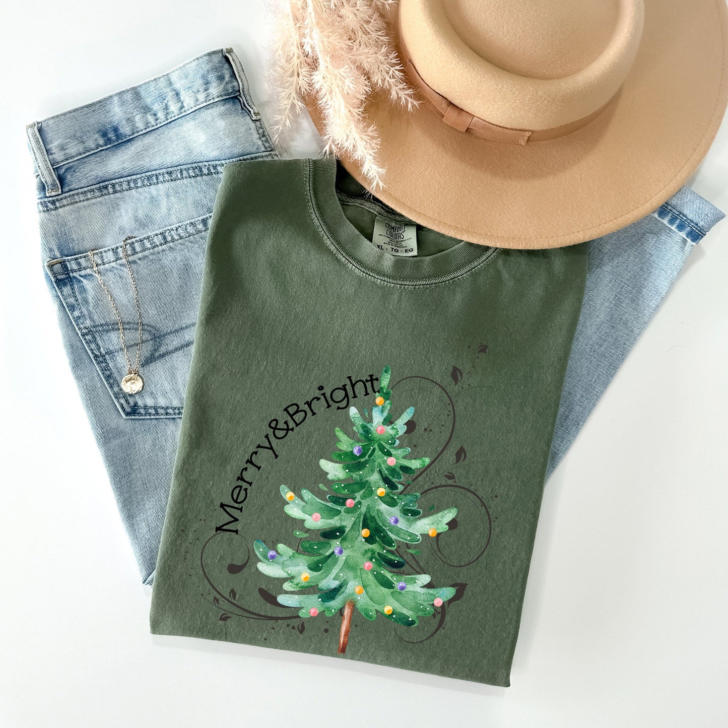 Merry and Bright, Colorful Christmas Tree, Swirls, Santa, Winter, Xmas Tshirt Comfort Colors T-Shirt
