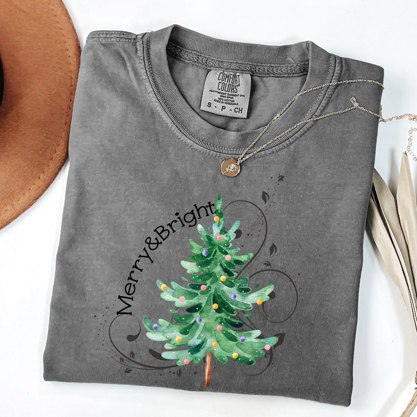 Merry and Bright, Colorful Christmas Tree, Swirls, Santa, Winter, Xmas Tshirt Comfort Colors T-Shirt
