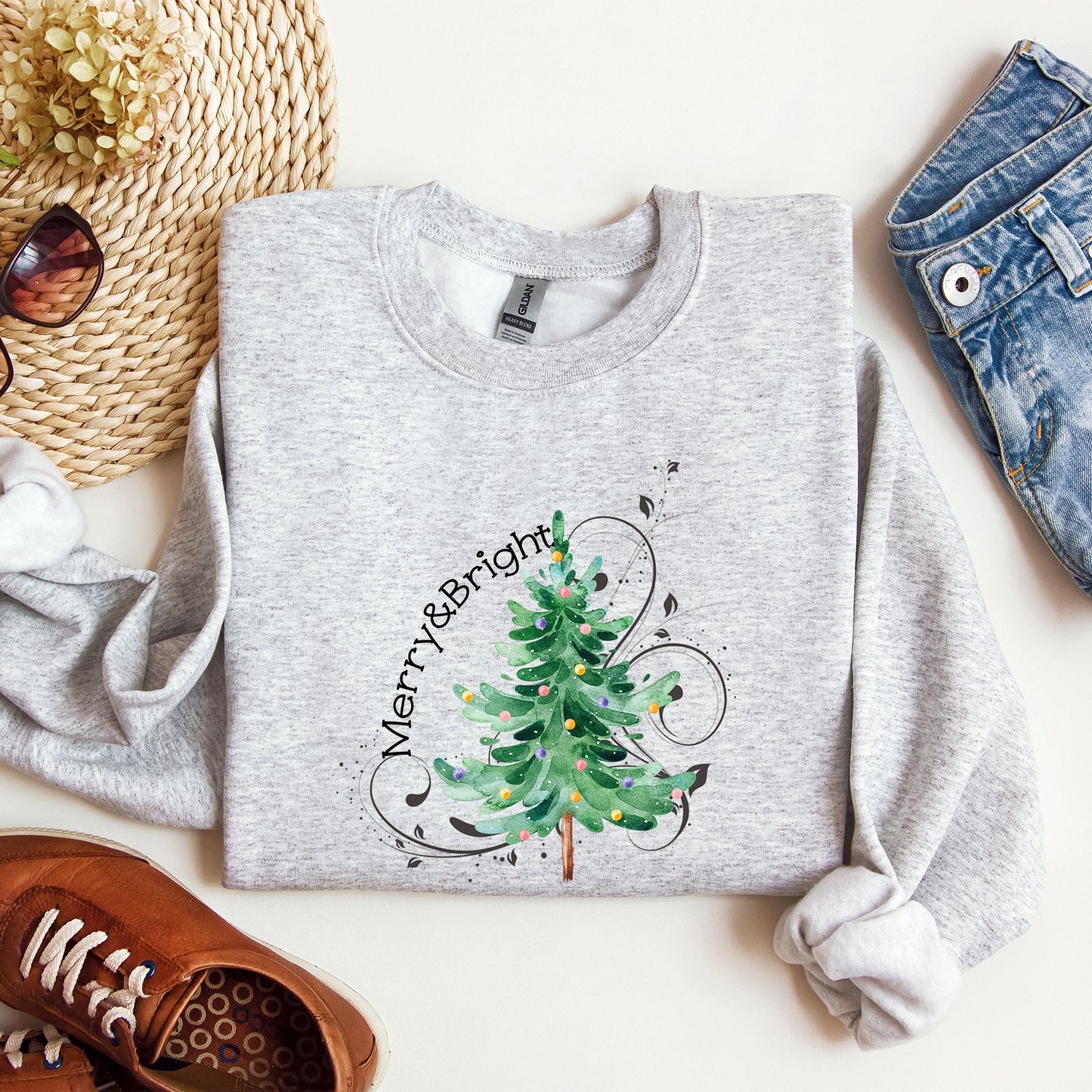 Merry and Bright, Colorful Christmas Tree, Swirls, Santa, Winter, Xmas Sweatshirt