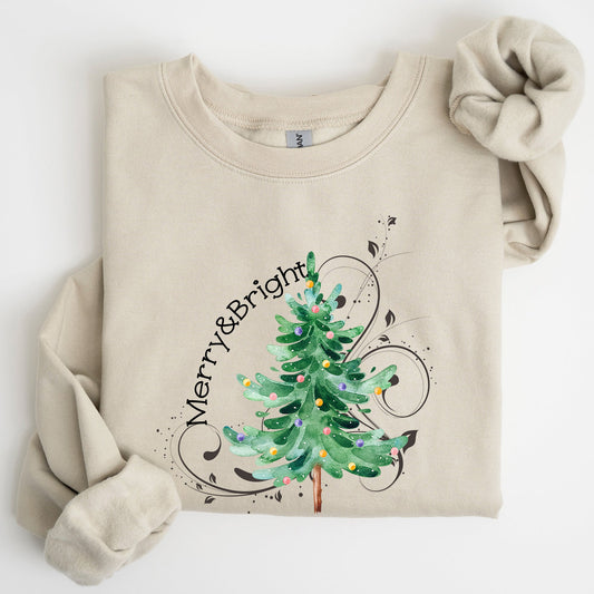Merry and Bright, Colorful Christmas Tree, Swirls, Santa, Winter, Xmas Sweatshirt
