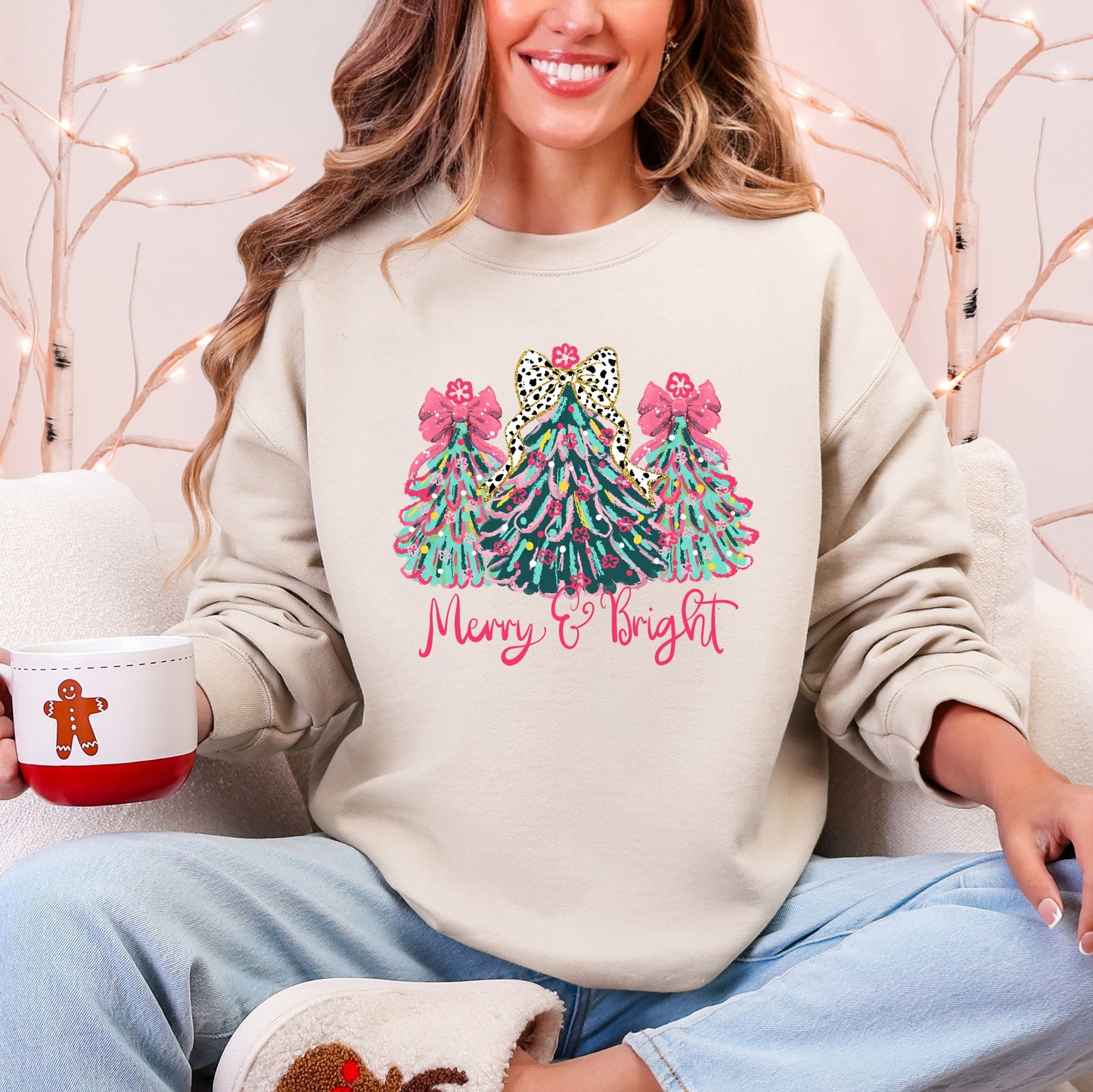 Merry and Bright, Colorful Pastel Christmas Trees, Bows, Ribbons, Santa Sweatshirt