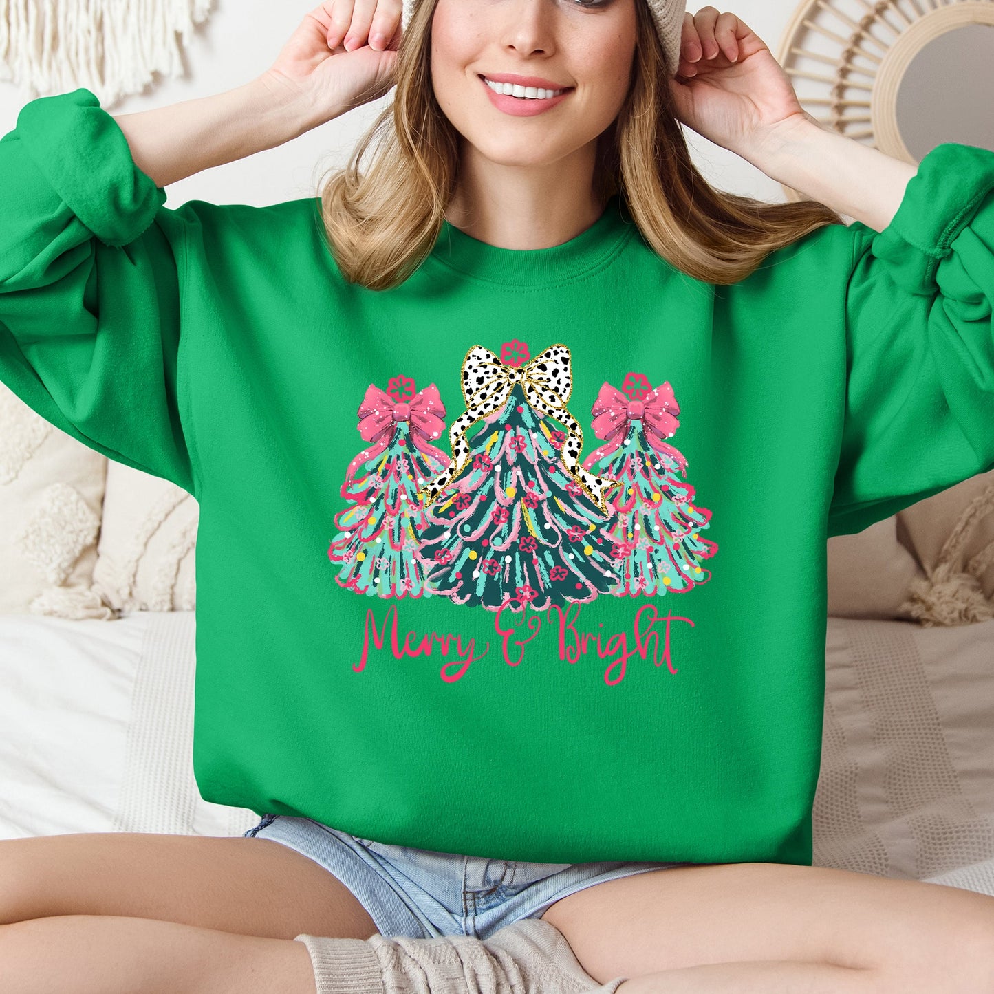 Merry and Bright, Colorful Pastel Christmas Trees, Bows, Ribbons, Santa Sweatshirt