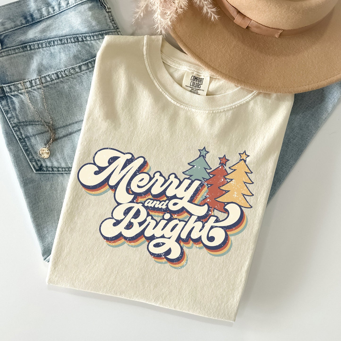 Merry and Bright, Colorful Retro, Christmas, Winter, Xmas, Santa Tshirt Comfort Colors T-Shirt