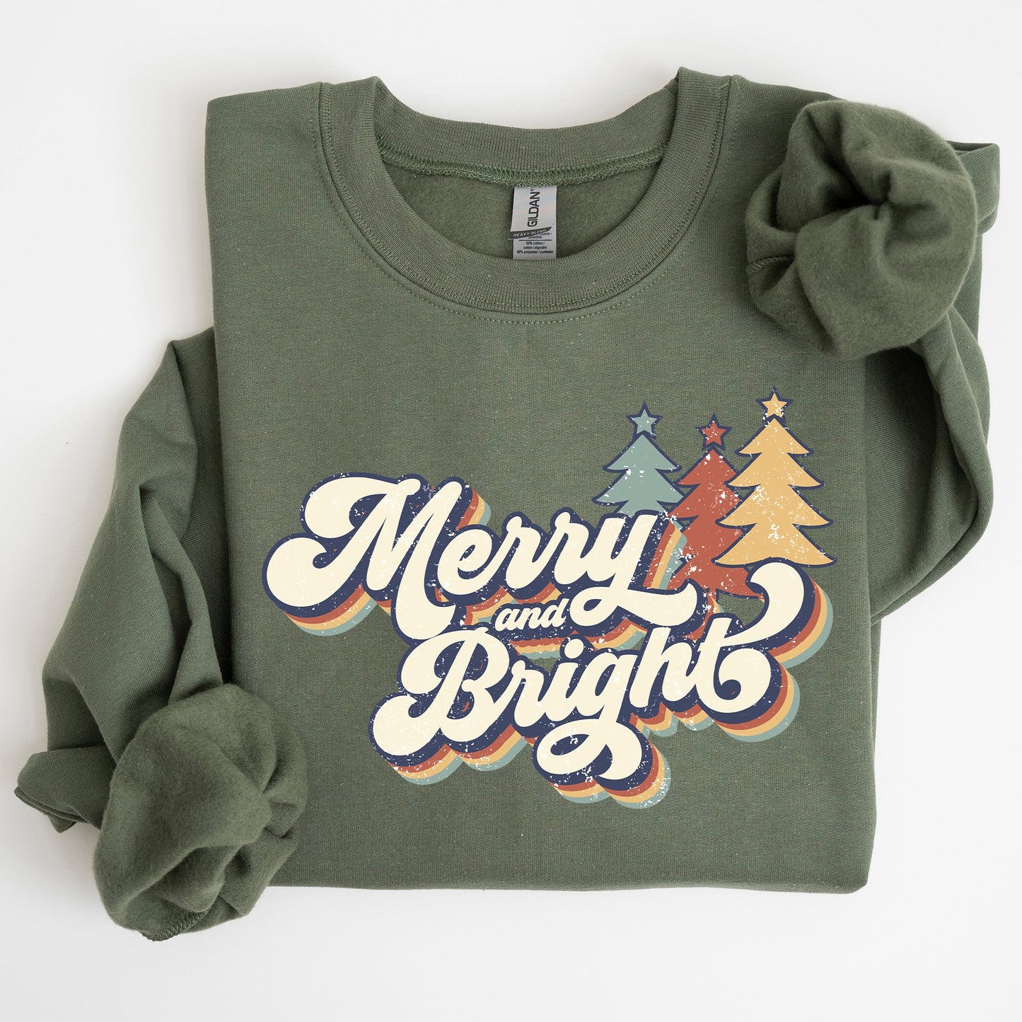 Merry and Bright, Colorful Retro, Christmas, Winter, Xmas, Santa Sweatshirt