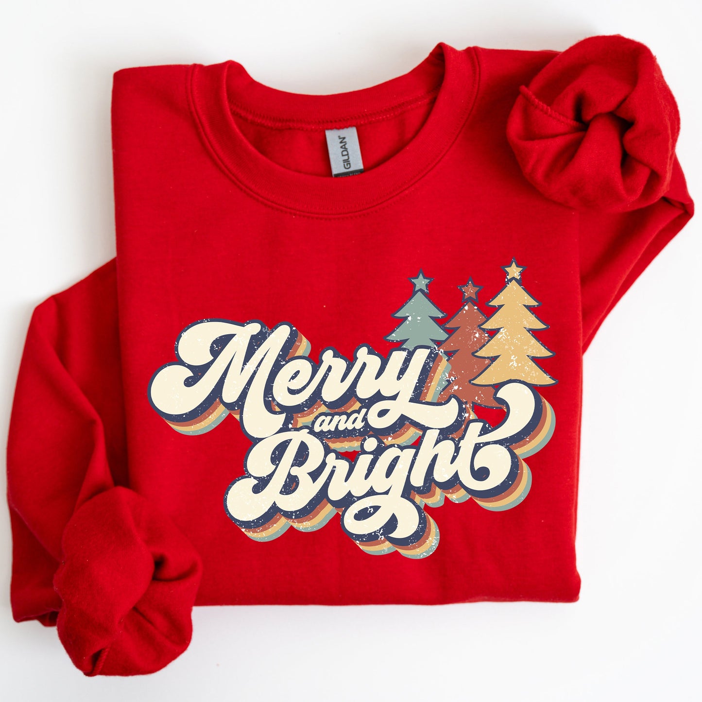 Merry and Bright, Colorful Retro, Christmas, Winter, Xmas, Santa Sweatshirt
