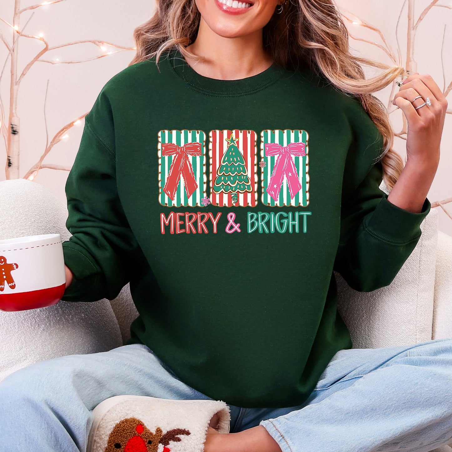 Merry and Bright, Pattern Blocks, Christmas Tree, Ribbon, Bows, Santa Sweatshirt