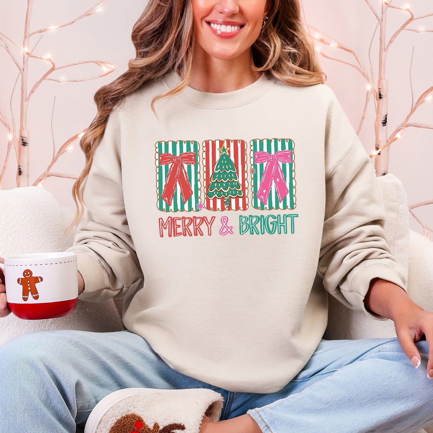 Merry and Bright, Pattern Blocks, Christmas Tree, Ribbon, Bows, Santa Sweatshirt