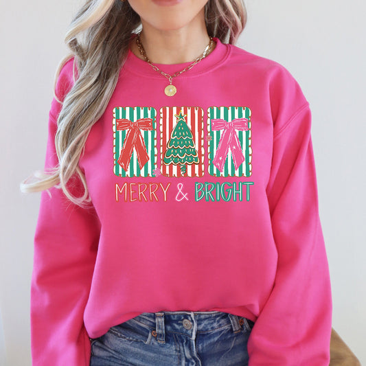 Merry and Bright, Pattern Blocks, Christmas Tree, Ribbon, Bows, Santa Sweatshirt