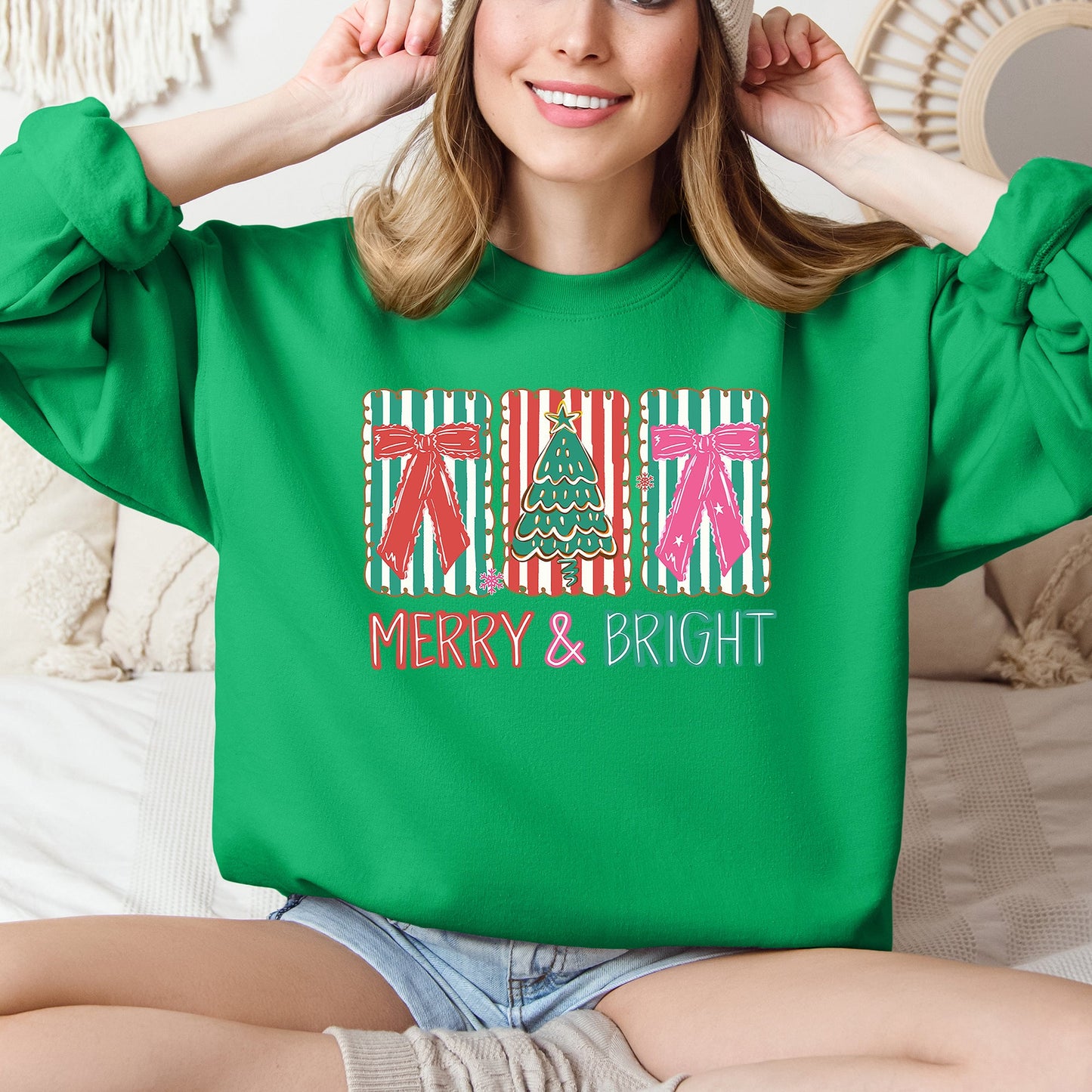 Merry and Bright, Pattern Blocks, Christmas Tree, Ribbon, Bows, Santa Sweatshirt