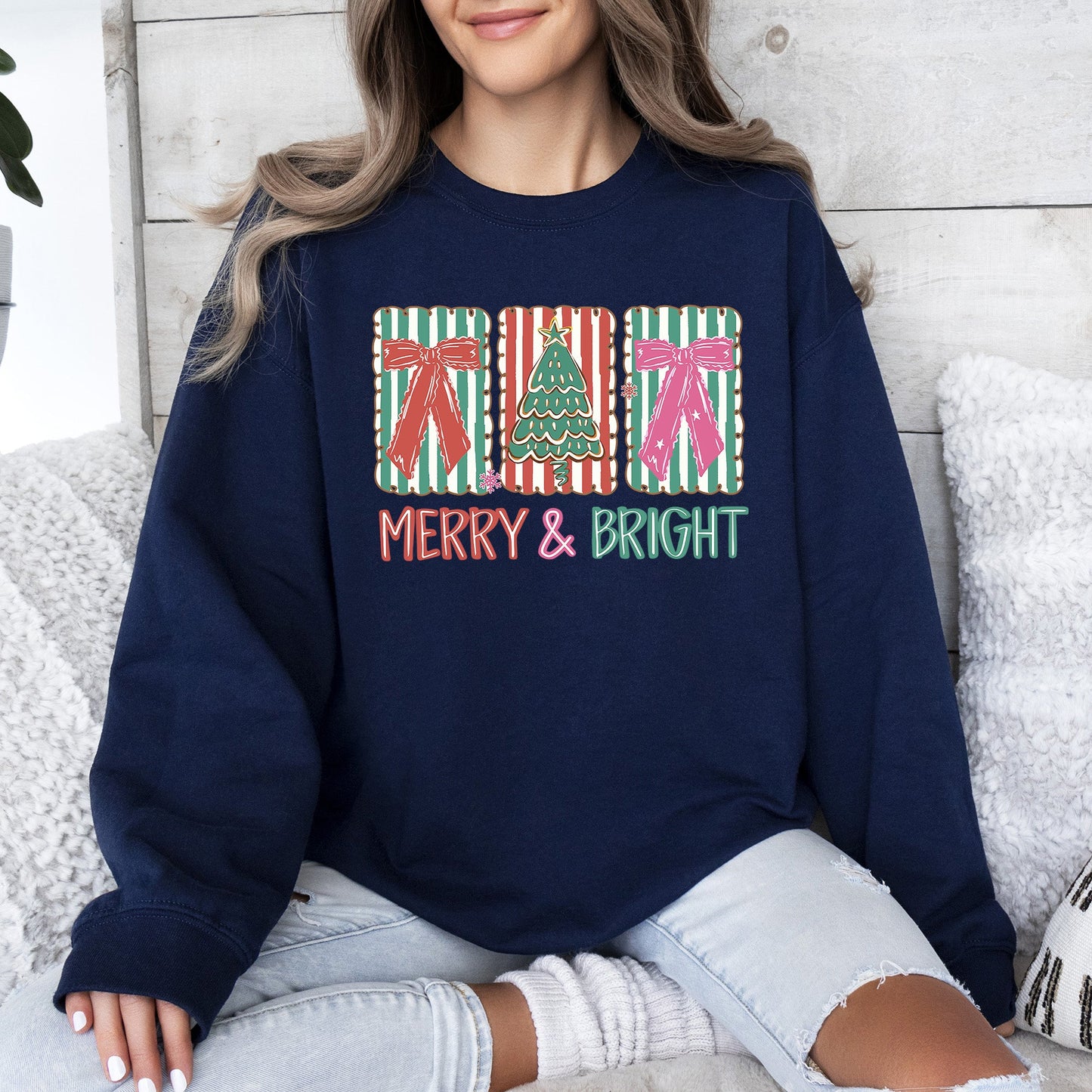 Merry and Bright, Pattern Blocks, Christmas Tree, Ribbon, Bows, Santa Sweatshirt