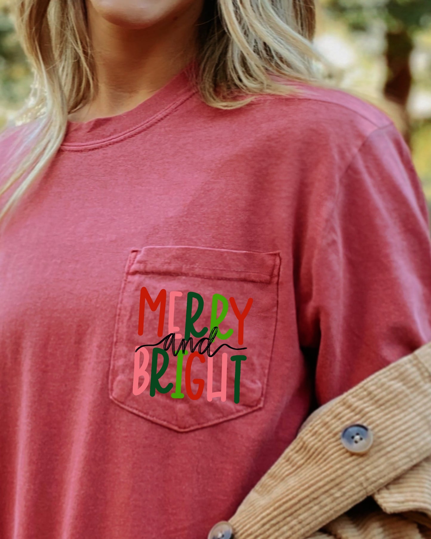 Merry and Bright, Pocket, Christmas, Colorful, Winter, Santa, Snow, Xmas Pocket Tee Comfort Colors T-Shirt