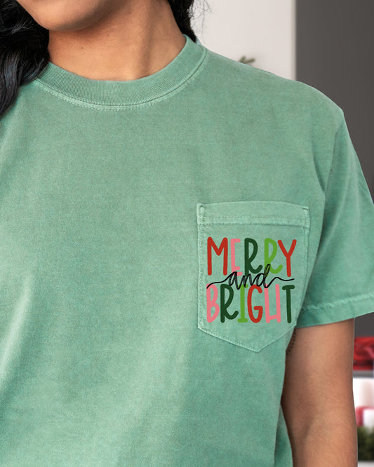 Merry and Bright, Pocket, Christmas, Colorful, Winter, Santa, Snow, Xmas Pocket Tee Comfort Colors T-Shirt