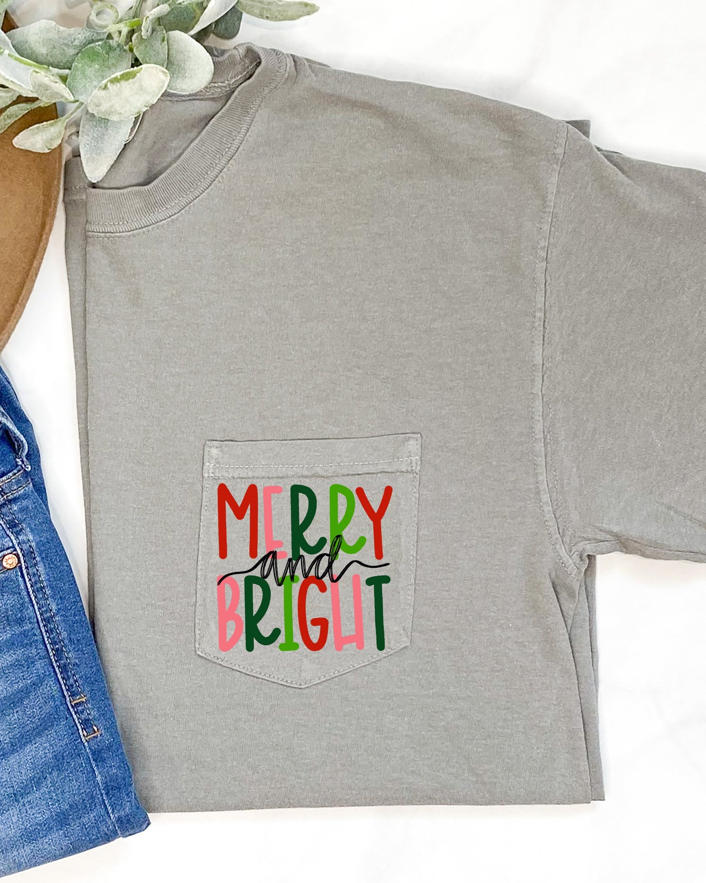 Merry and Bright, Pocket, Christmas, Colorful, Winter, Santa, Snow, Xmas Pocket Tee Comfort Colors T-Shirt