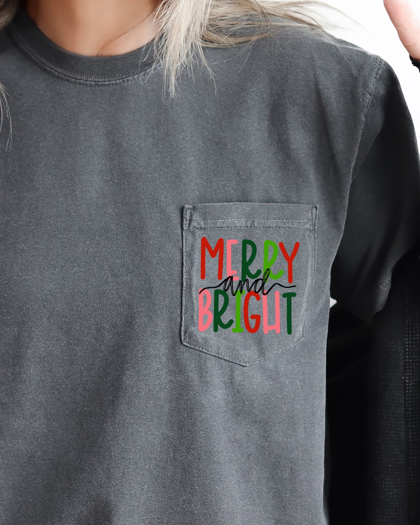 Merry and Bright, Pocket, Christmas, Colorful, Winter, Santa, Snow, Xmas Pocket Tee Comfort Colors T-Shirt