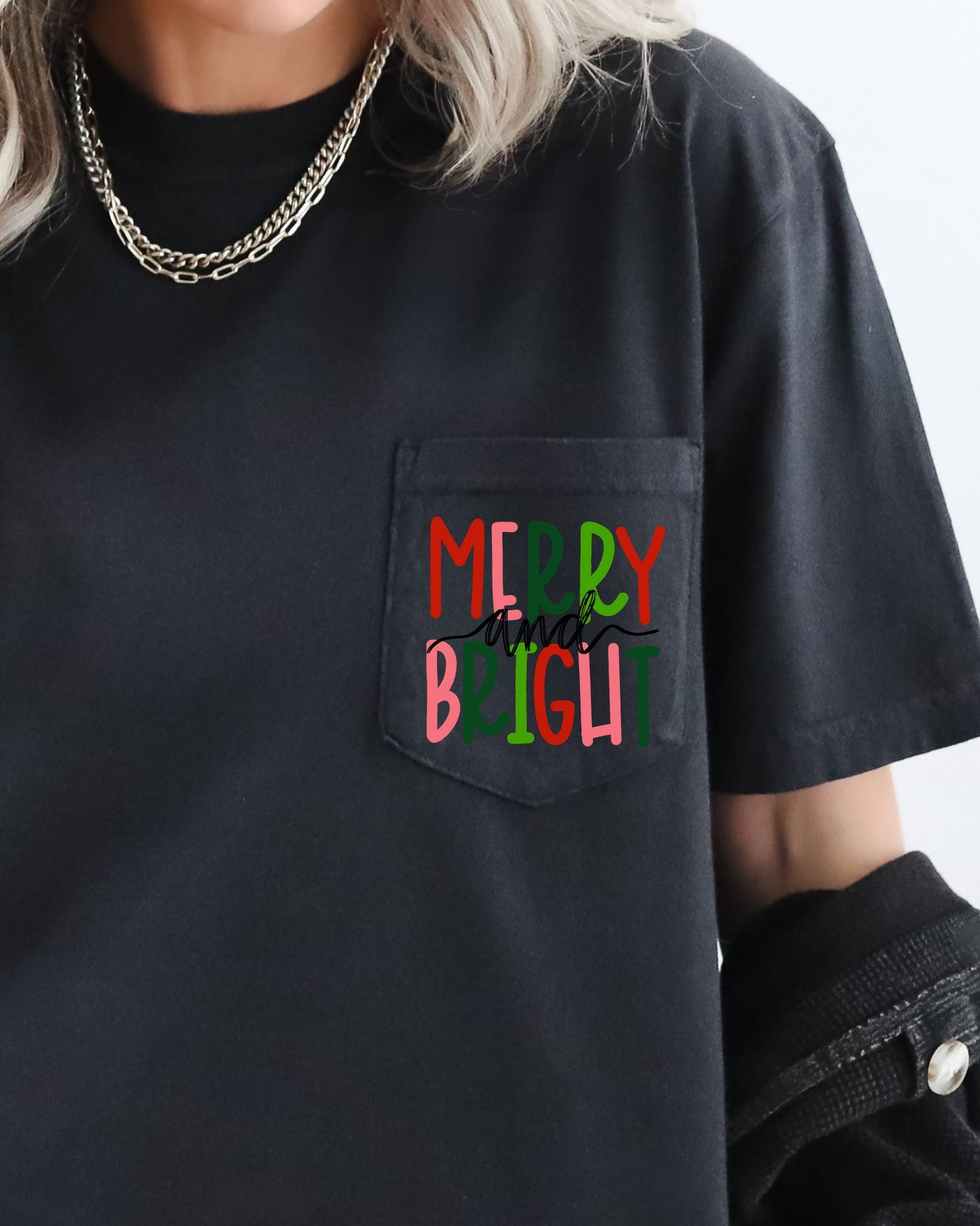 Merry and Bright, Pocket, Christmas, Colorful, Winter, Santa, Snow, Xmas Pocket Tee Comfort Colors T-Shirt