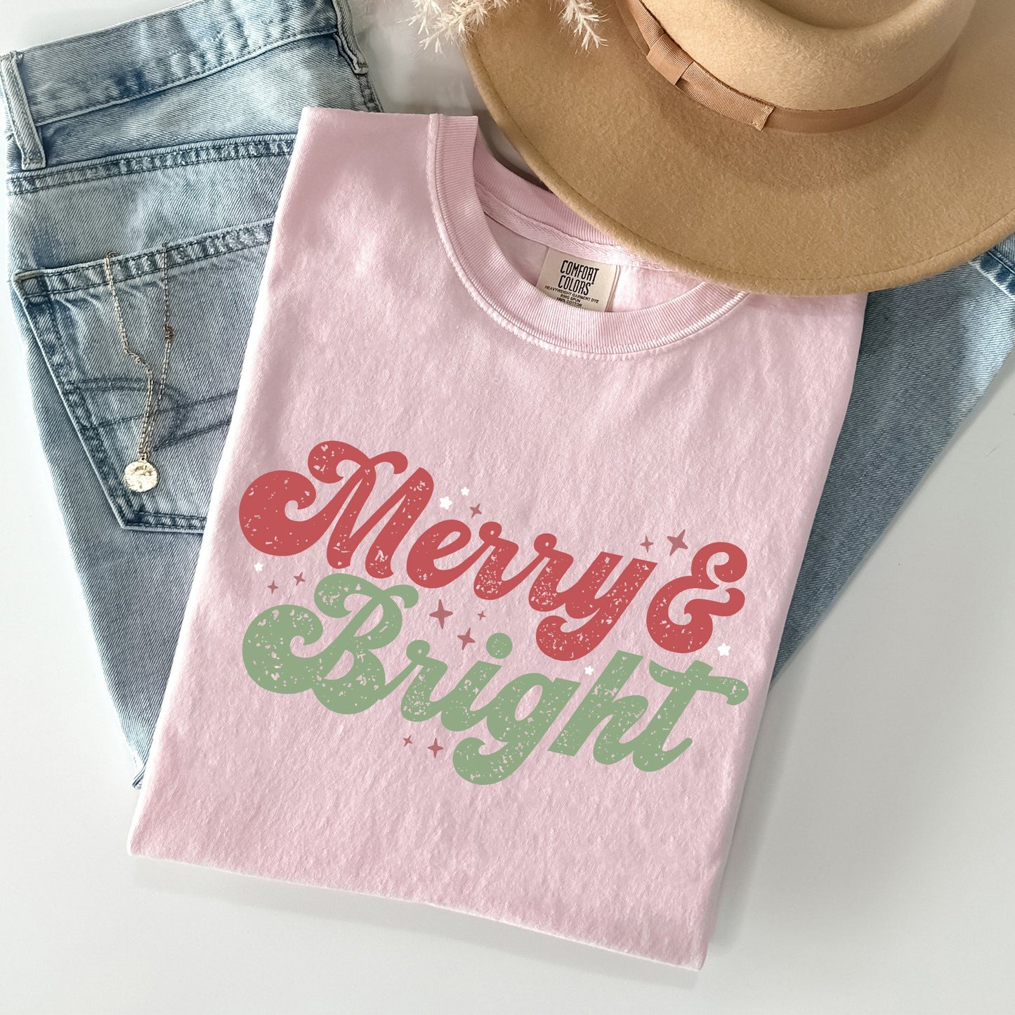 Merry and Bright, Red and Green, Christmas, Winter, Xmas Tshirt Comfort Colors T-Shirt