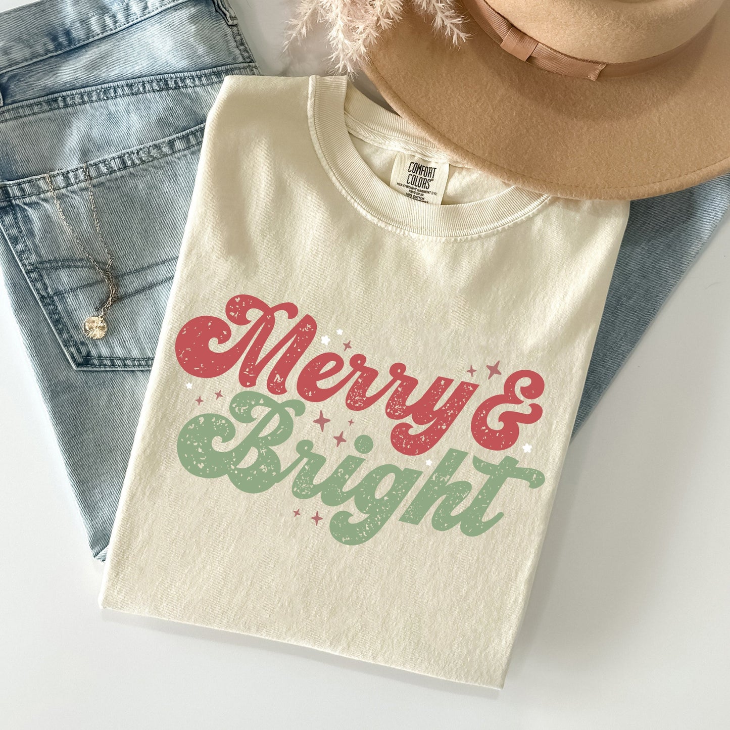 Merry and Bright, Red and Green, Christmas, Winter, Xmas Tshirt Comfort Colors T-Shirt