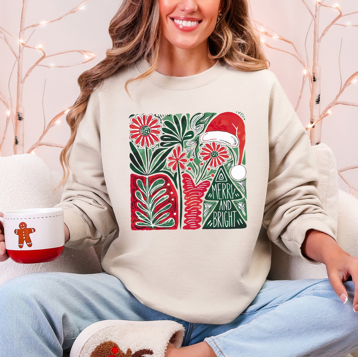 Merry and Bright, Retro Pattern, Christmas, Santa Hat, Christmas Tree Sweatshirt
