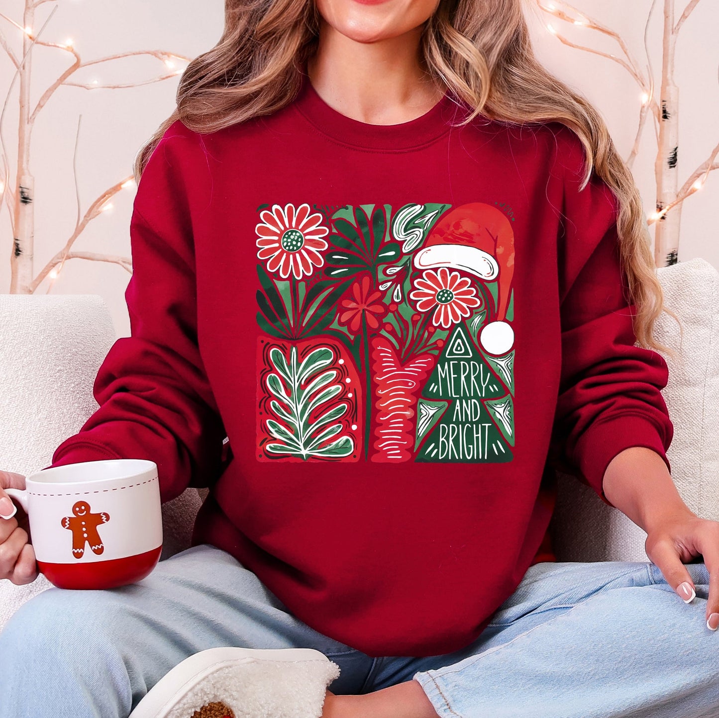 Merry and Bright, Retro Pattern, Christmas, Santa Hat, Christmas Tree Sweatshirt