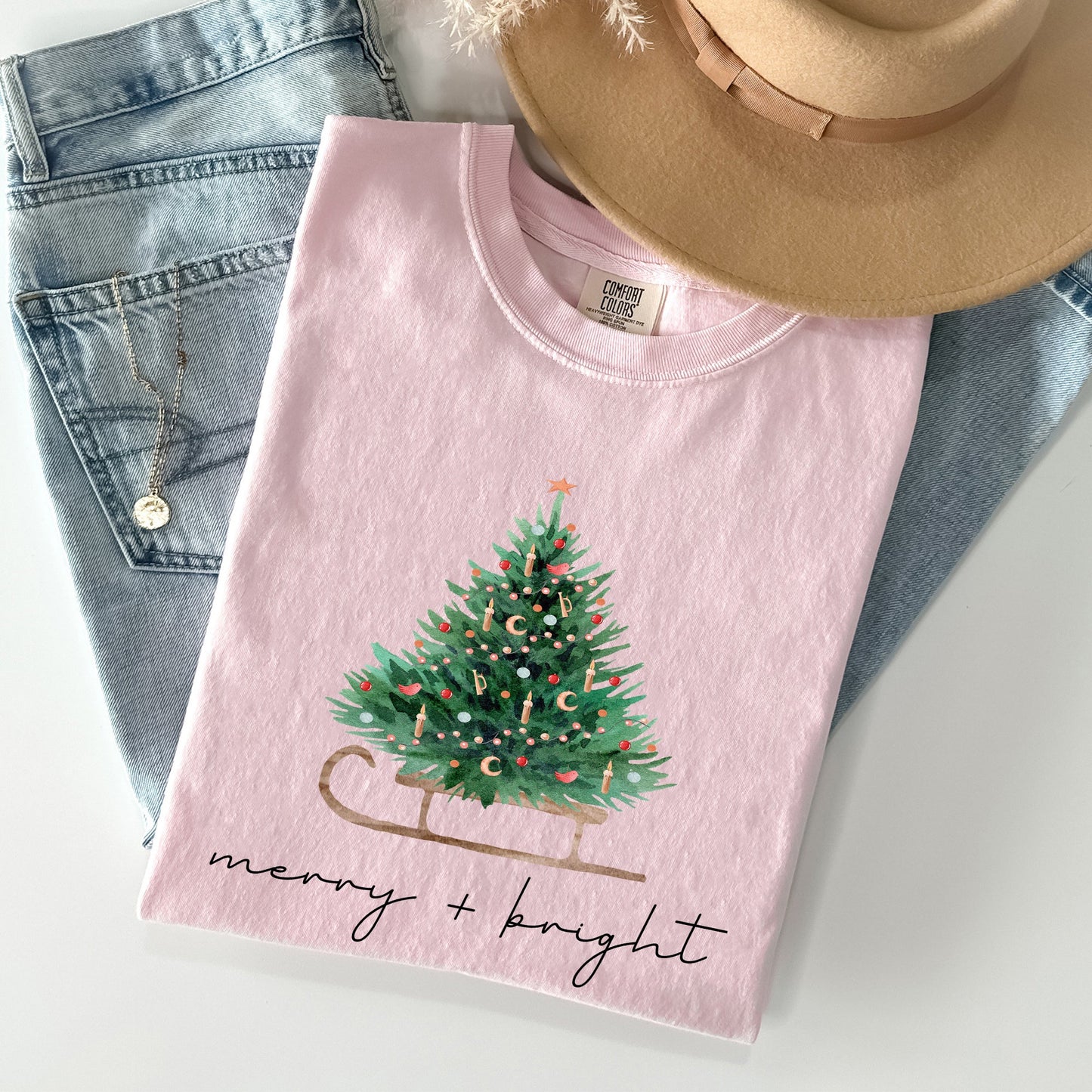 Merry and Bright, Sleigh, Christmas Tree, Winter, Snow, Xmas Tshirt Comfort Colors T-Shirt