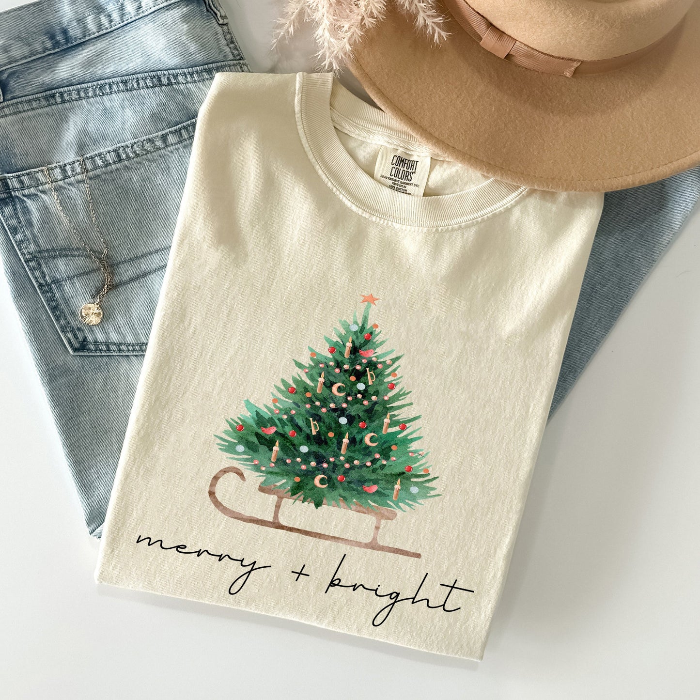 Merry and Bright, Sleigh, Christmas Tree, Winter, Snow, Xmas Tshirt Comfort Colors T-Shirt