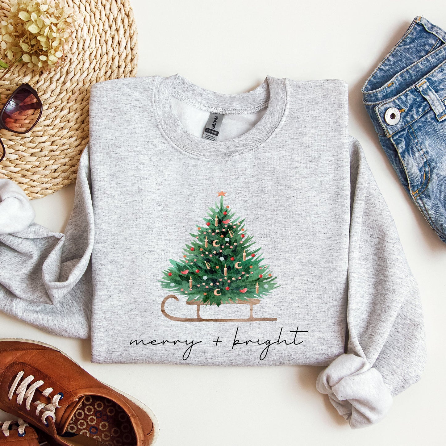Merry and Bright, Sleigh, Christmas Tree, Winter, Snow, Xmas Sweatshirt