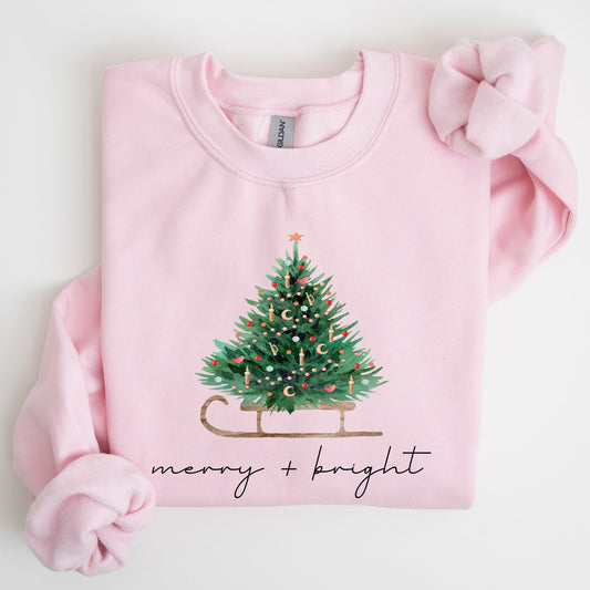 Merry and Bright, Sleigh, Christmas Tree, Winter, Snow, Xmas Sweatshirt