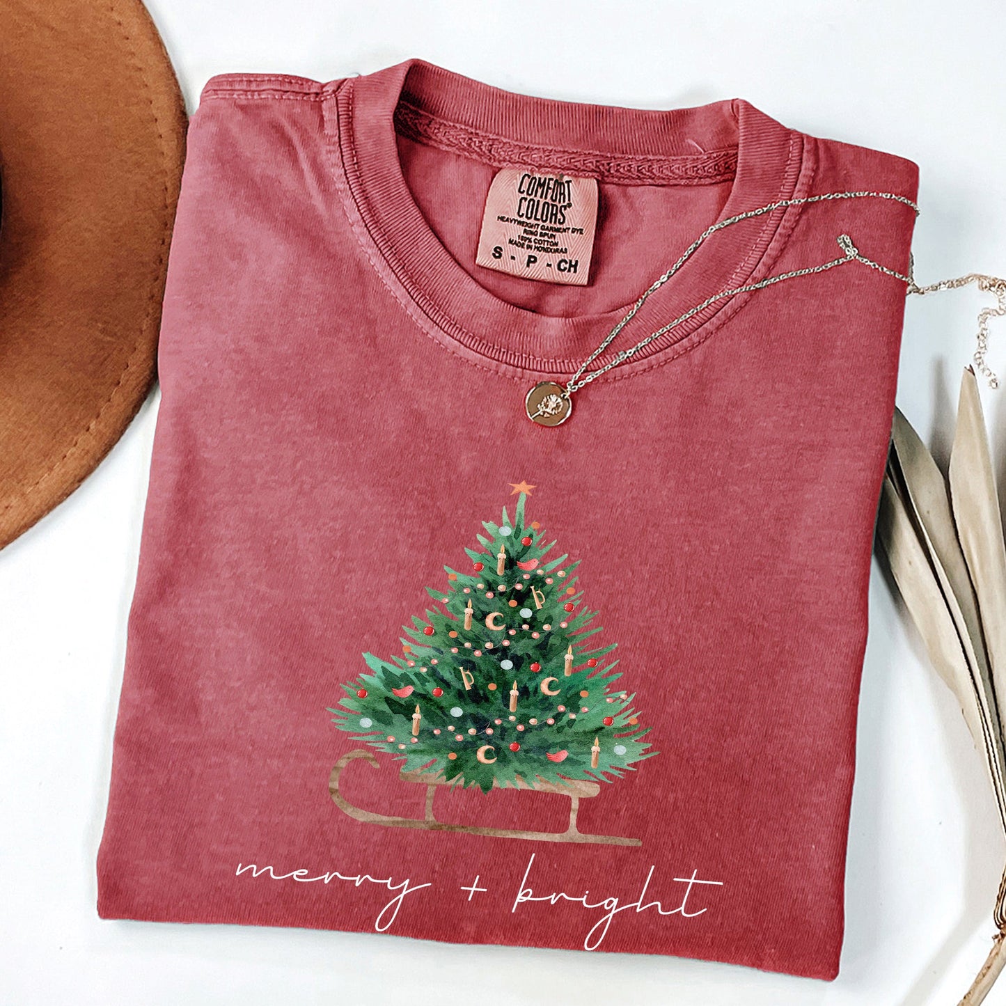 Merry and Bright, Sleigh, Christmas Tree, Winter, Snow, Xmas Tshirt Comfort Colors T-Shirt