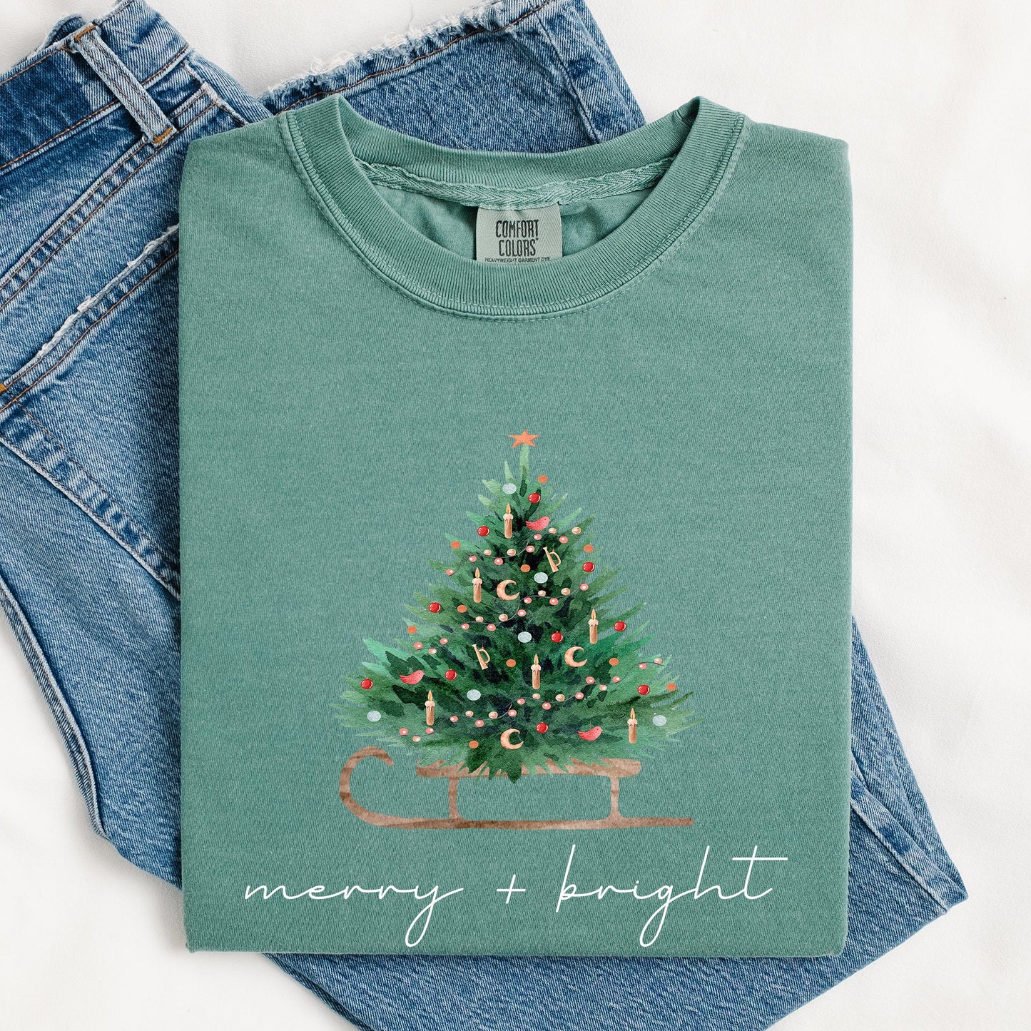 Merry and Bright, Sleigh, Christmas Tree, Winter, Snow, Xmas Tshirt Comfort Colors T-Shirt
