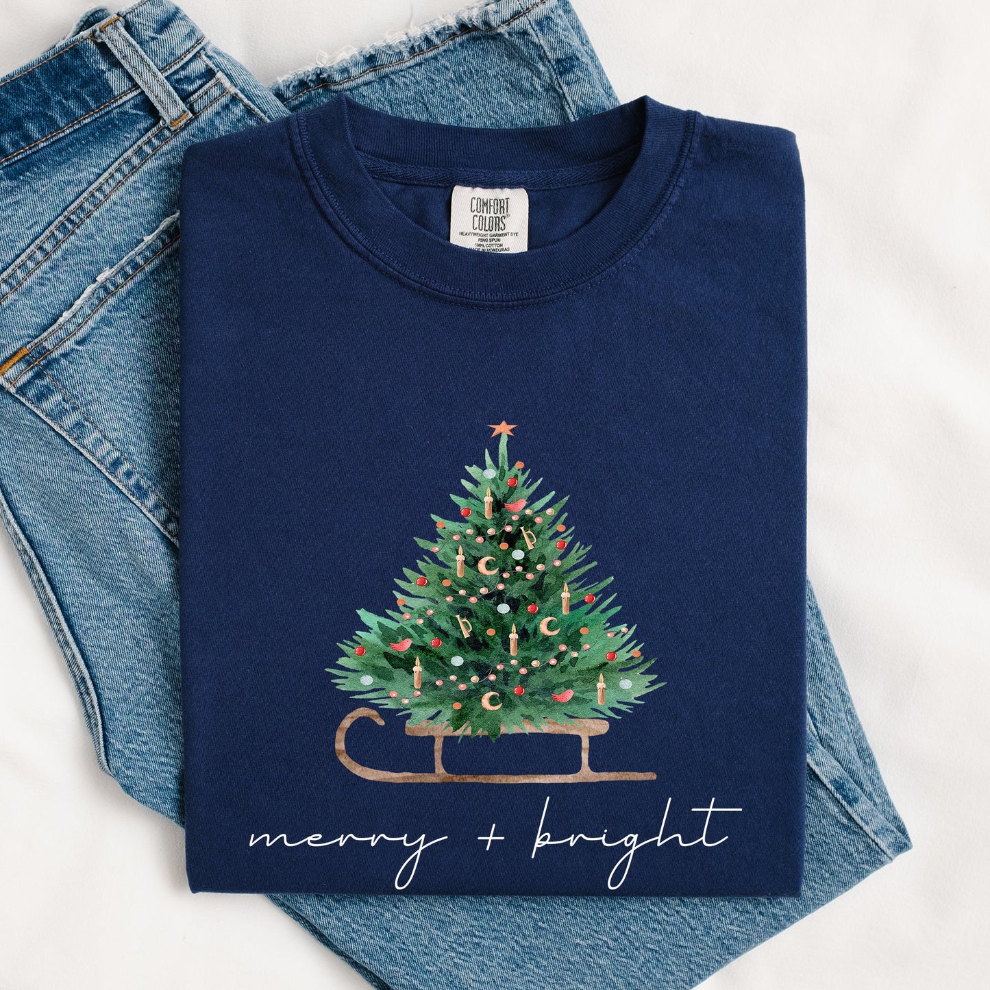 Merry and Bright, Sleigh, Christmas Tree, Winter, Snow, Xmas Tshirt Comfort Colors T-Shirt