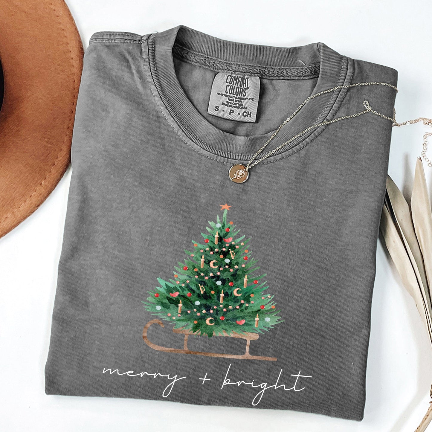 Merry and Bright, Sleigh, Christmas Tree, Winter, Snow, Xmas Tshirt Comfort Colors T-Shirt