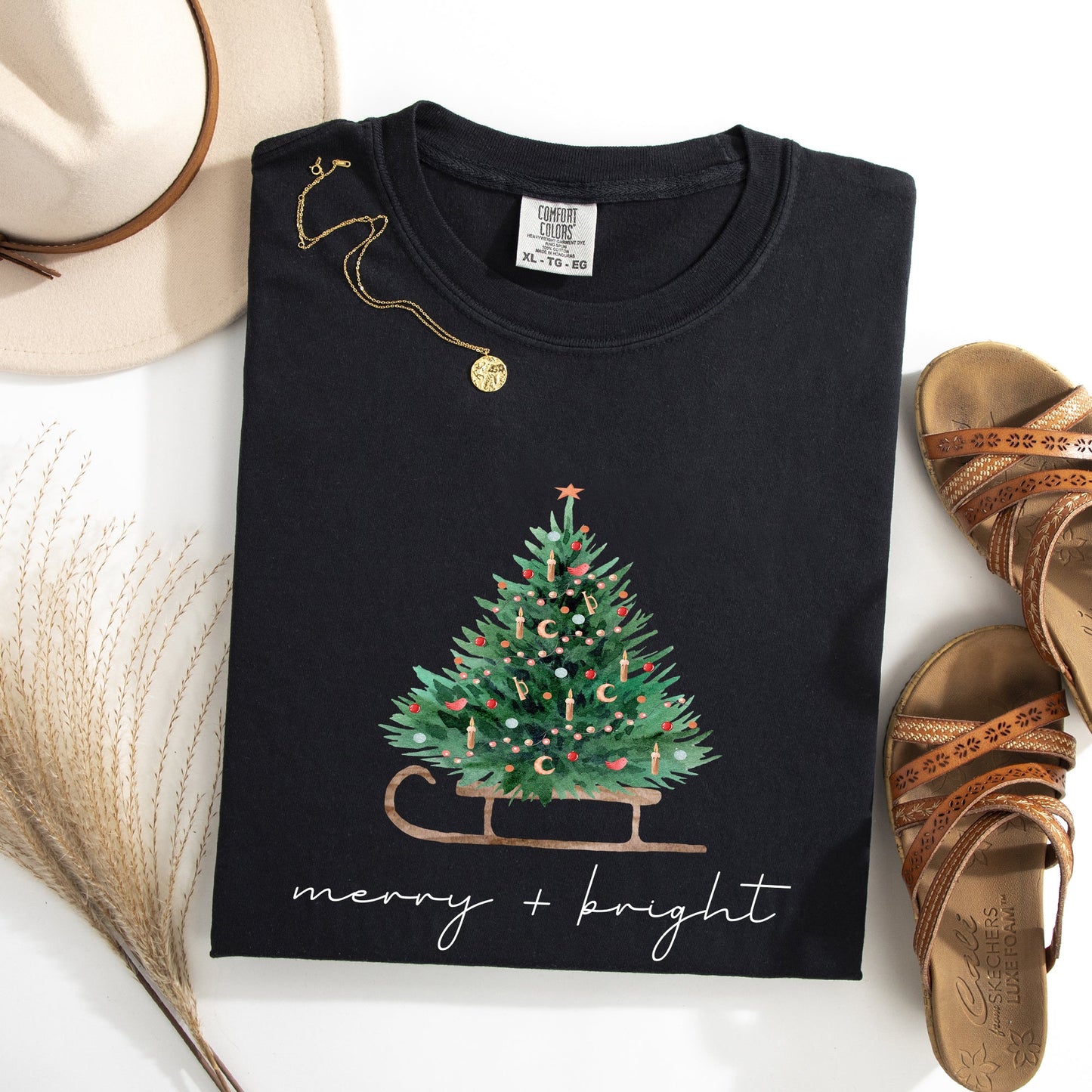Merry and Bright, Sleigh, Christmas Tree, Winter, Snow, Xmas Tshirt Comfort Colors T-Shirt