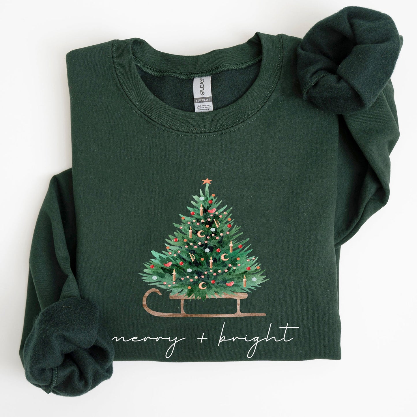 Merry and Bright, Sleigh, Christmas Tree, Winter, Snow, Xmas Sweatshirt